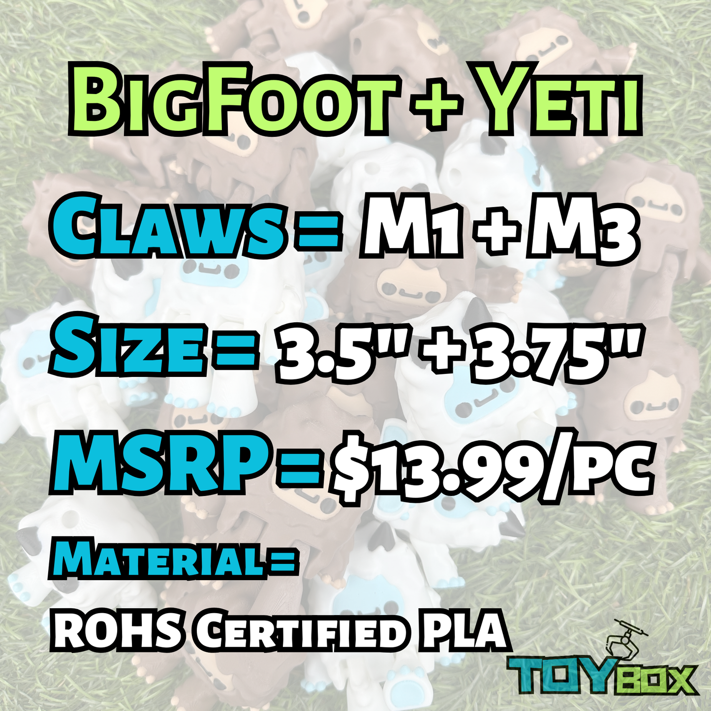 ($1.59) Toybox 3D - 3.25" Bigfoot + Yeti 3D Printed Articulated Toys! Various colors!